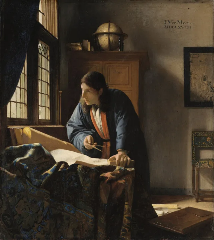 A geographer at his desk by a window, dividers in hand, looking up from a map