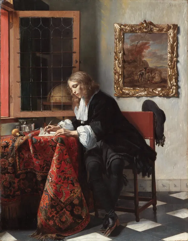 A man writing a letter at a table by a window